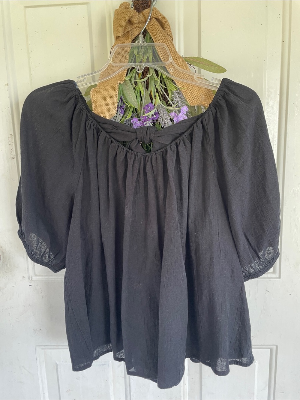 Old Navy Black Gathered Peasant Top with Puff Sleeves